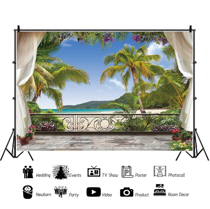 Haoyiyi 10x8ft Tropical Beach Backdrop Jungle Palm Tree Leaves Hawaiia Background Photography Photo Kids Birthday Party Events Honeymoon Travel Summer Holiday Banner Decoration - Image 2